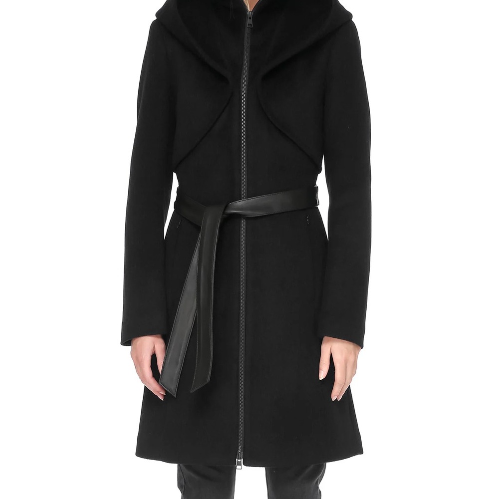 Soia & Kyo Black Trench Coat with Fur Collar and leather Belt